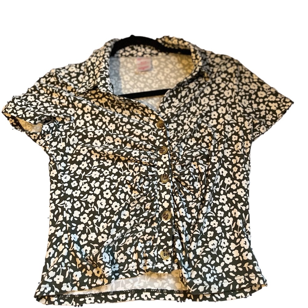 Beige and black printed button down shirt
